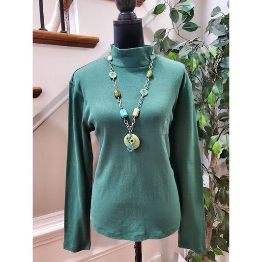 Liz Claiborne Women's Green Cotton High Neck Long Sleeve Casual Top Shirt Large