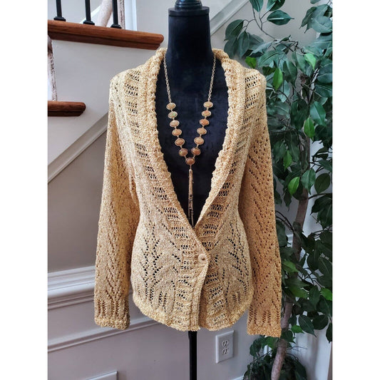 Coldwater Creek Women's Yellow Cotton Long Sleeve Cardigan Knit Sweater Size L