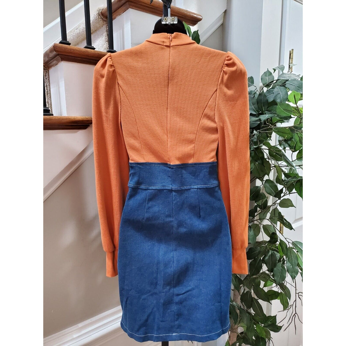 Miss 8 Women's Brown & Blue Cotton Mock Neck Long Sleeve Knee Length Dress S