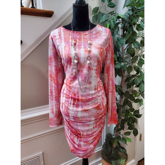 Boohoo Women's Pink Polyester Round Neck Long Sleeve Knee Length Dress Size 18