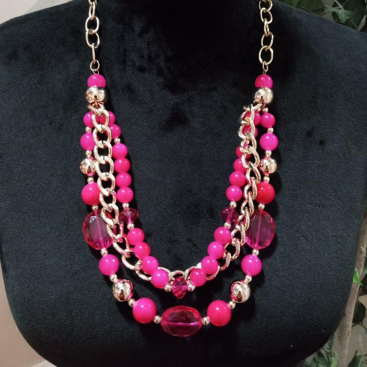 Womens Fashion Triple Strand Pink Rhinestone Beaded Collar Necklace with Lobster