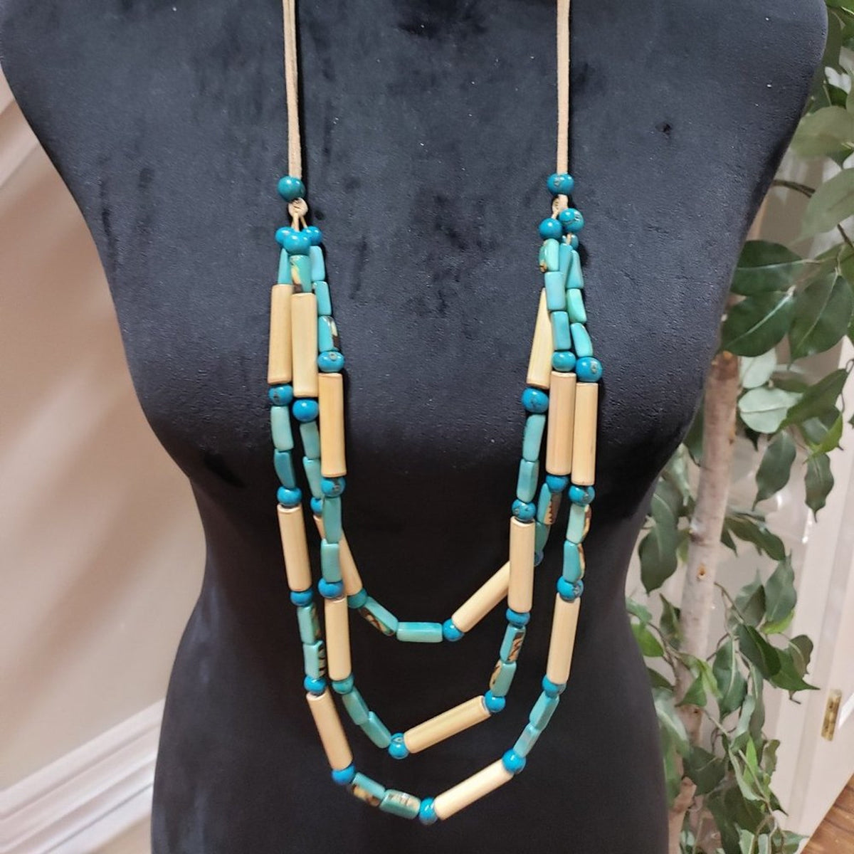 Womens Fashion Triple Strand Artificial Blue & Beige Tibetan Beaded Necklace