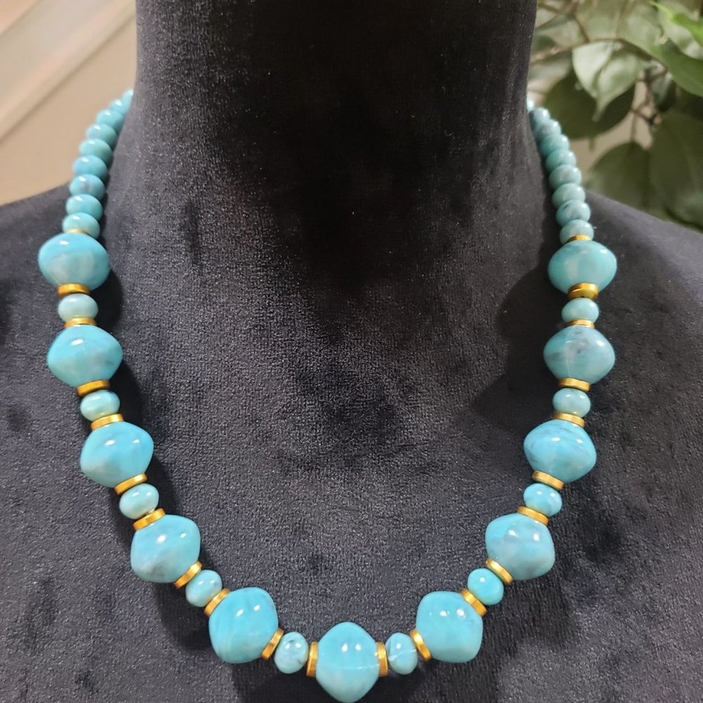 Women's Blue & Gold Round Shape Beaded Statement Lobster Clasp Necklace