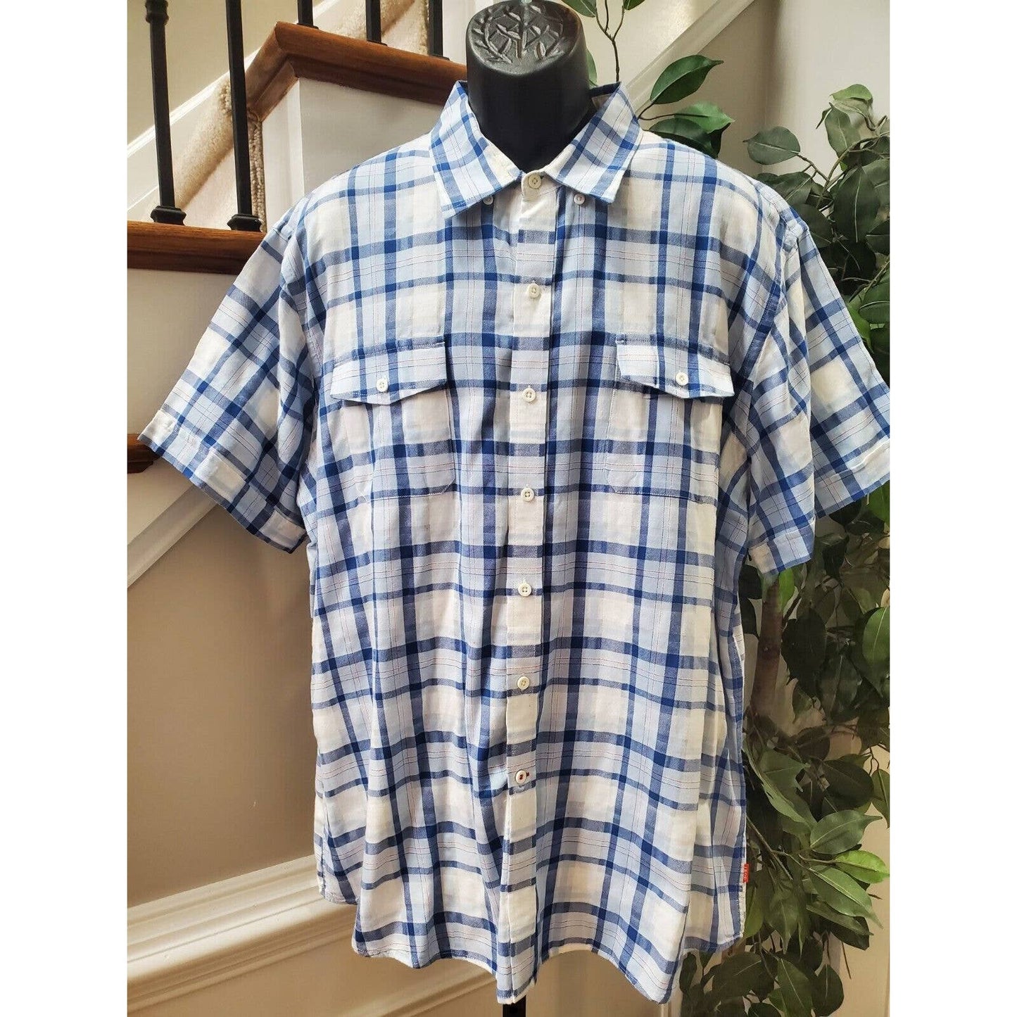 Izod Men's White & Blue Cotton Collared Half Sleeve Casual Button Down Shirt 2XL