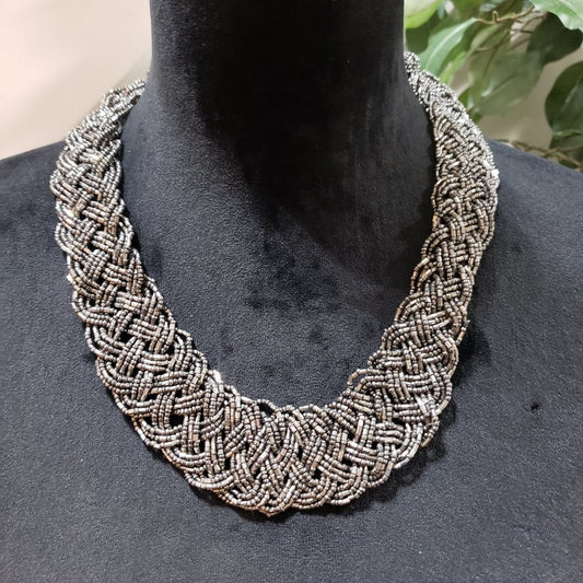 Women's Fashion Multi-Layer Silver Tone Chini Beads Braided Collar Necklace