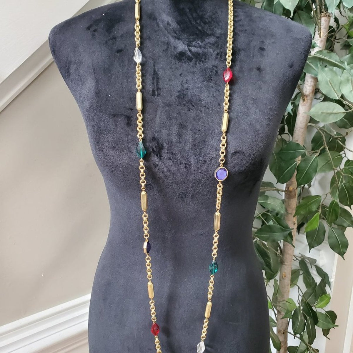 Women's Gold Gemstone Confetti with Lobster Clasp Long Necklace