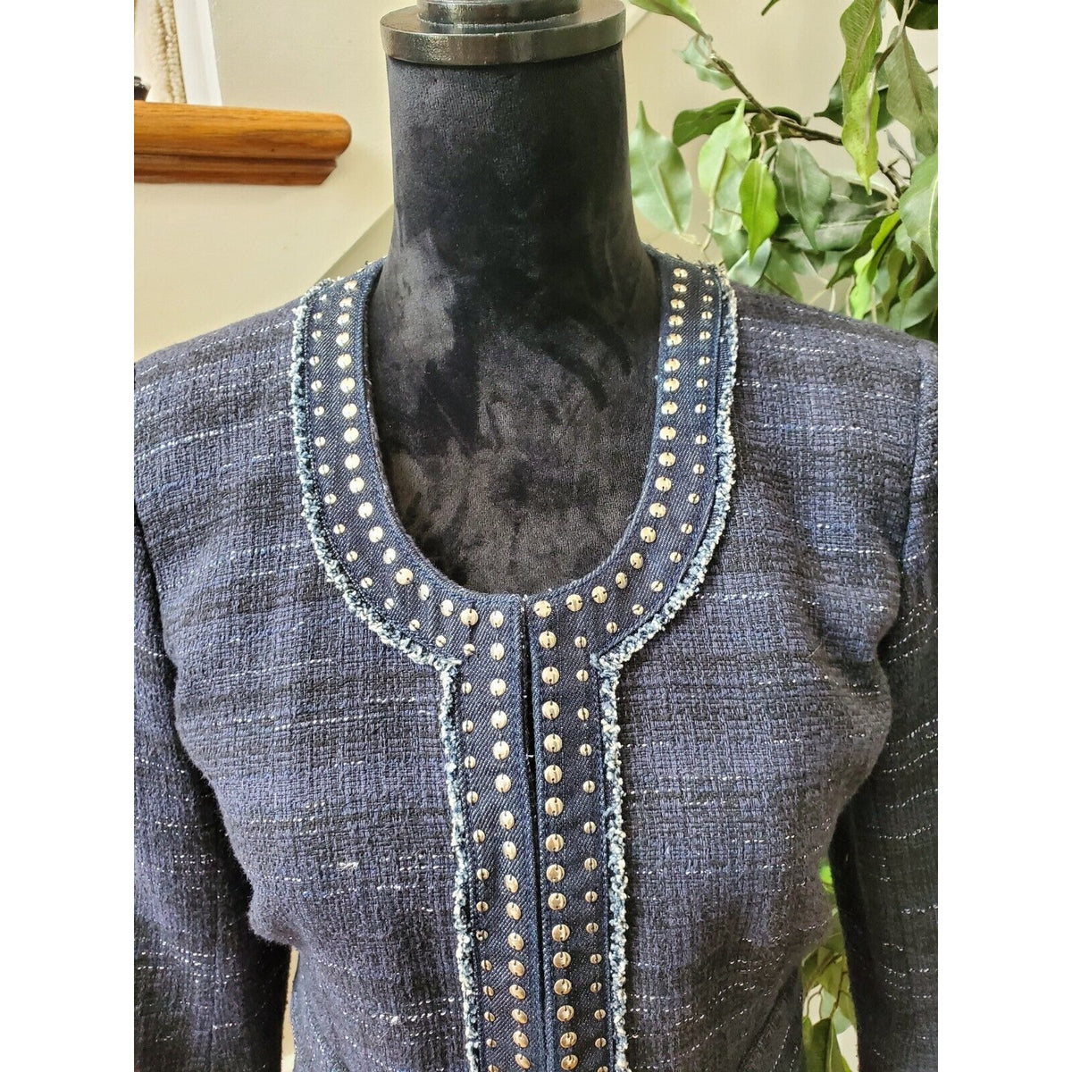 Ann Taylor Loft Women's Blue Cotton Long Sleeve Casual Crome Studded Blazer 4