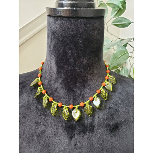 Women's Green Leaf Orange Beaded Fashion Jewelry Short Necklace