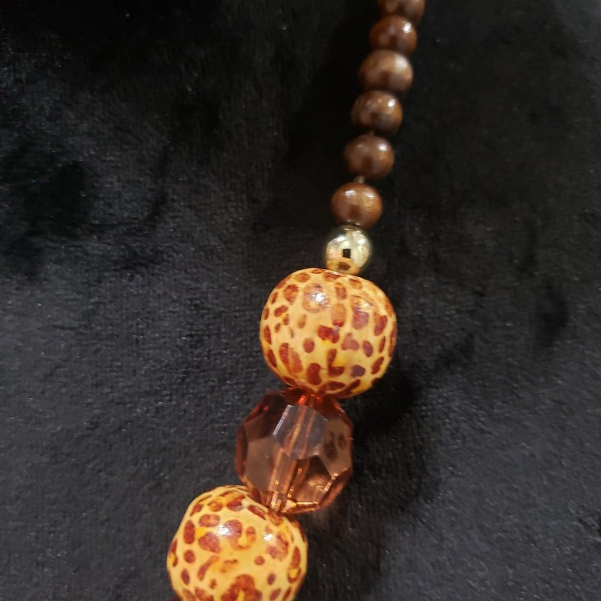 Womens Fashion Brown Clear Crystals, Wooden Beads, Leopard Print Beads Necklace