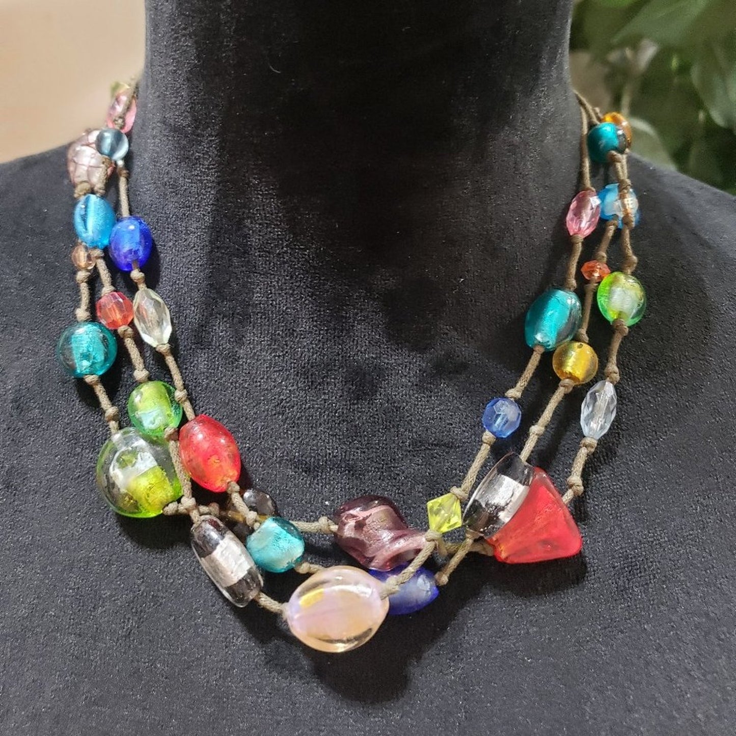 Womens Fashion Triple Strand Multicolor Rhinestones Beaded Charm Necklace