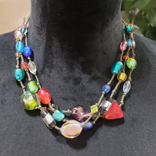 Womens Fashion Triple Strand Multicolor Rhinestones Beaded Charm Necklace