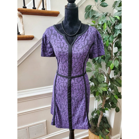 Loft Women's Purple Polyester Round Neck Short Sleeves Knee Length Dress Size 12