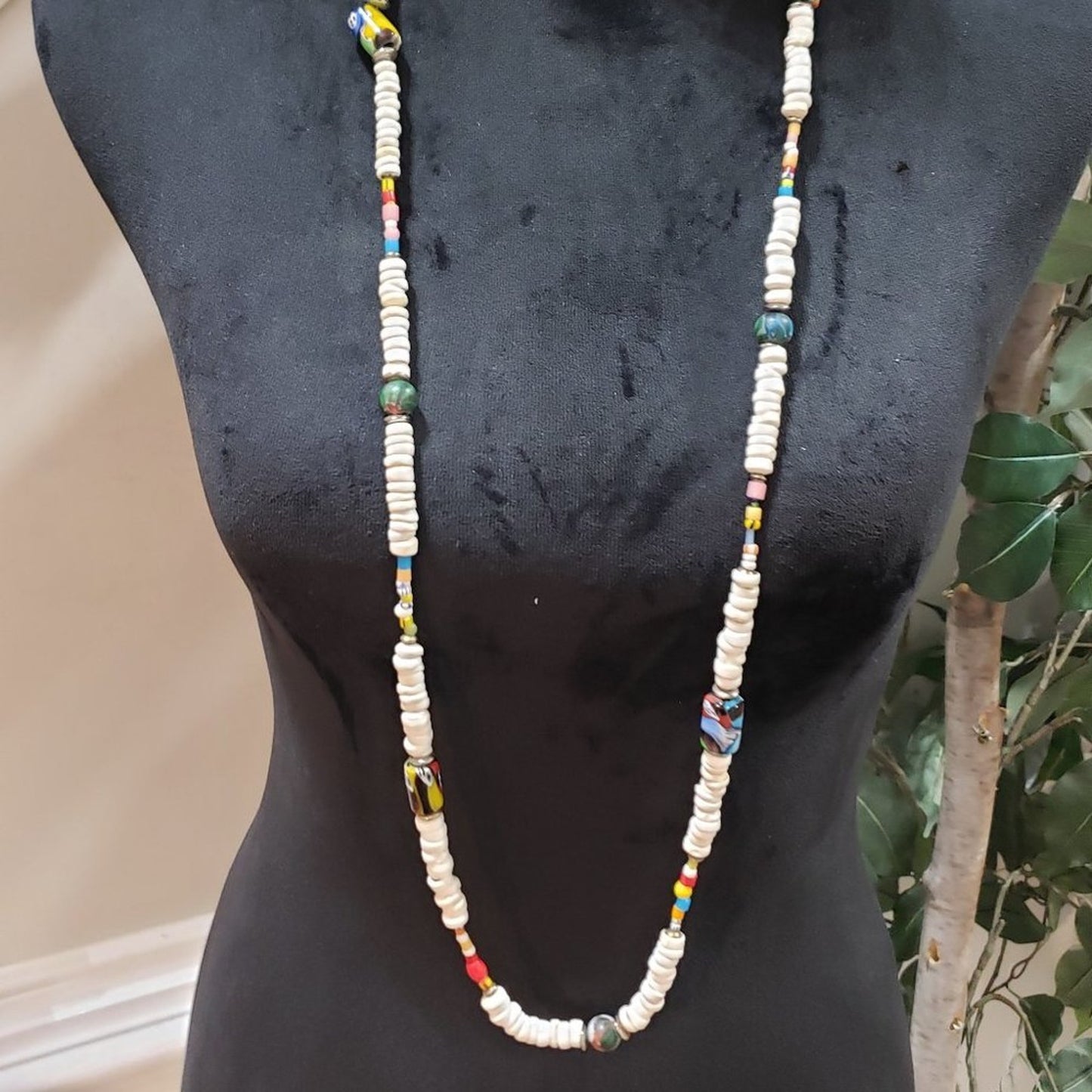 Boho Art Glass Beads, Faux Pearl Beaded Confetti Layer Long Teardrop Necklace