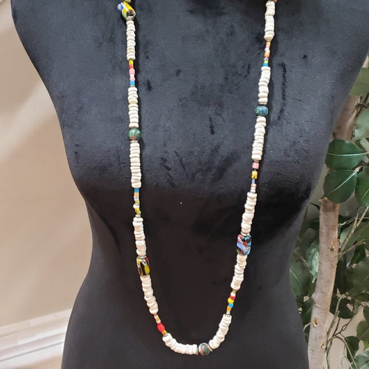 Boho Art Glass Beads, Faux Pearl Beaded Confetti Layer Long Teardrop Necklace