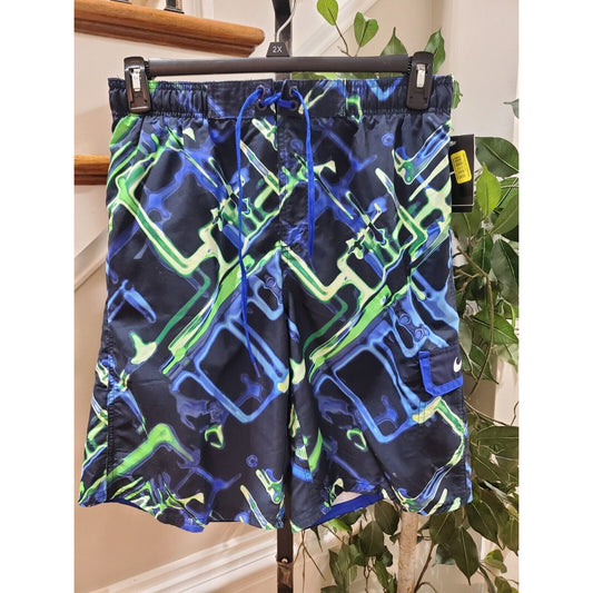 Nike Men's Blue & Green Polyester Pull On Swim Trunk Logo Print Shorts Size M