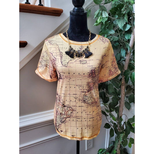 SHEIN Women Beige Map Polyester Crew Neck Short Sleeve Casual Top Shirt Small