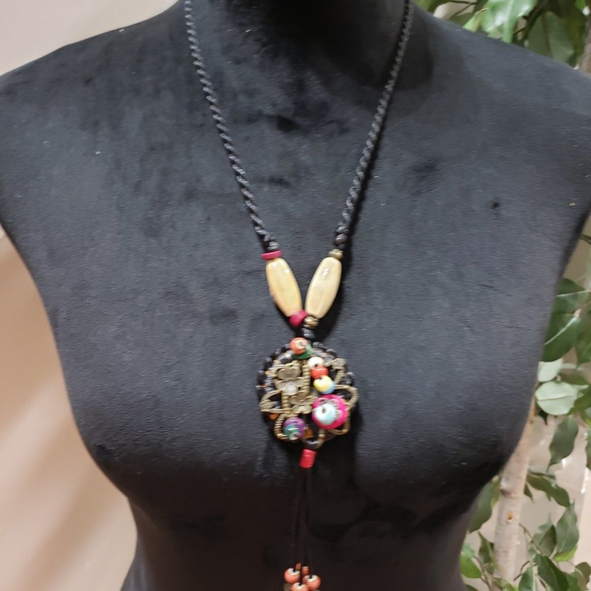 Womens Fashion Vintage Handmade Porcelain Beads Pendant Rope Necklace