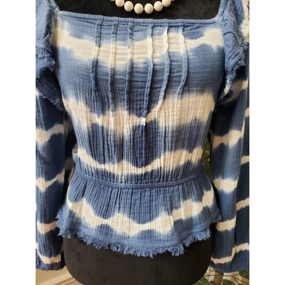 True Craft Women Blue & White Cotton Square Neck Long Sleeve Top Blouse Size XS