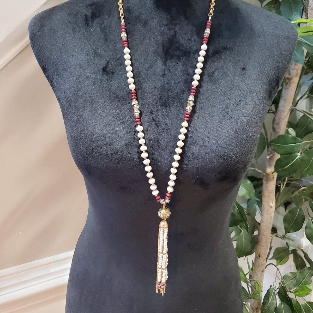 Women's Red & White Long Tassel with Lobster Clasp Pendant Necklace