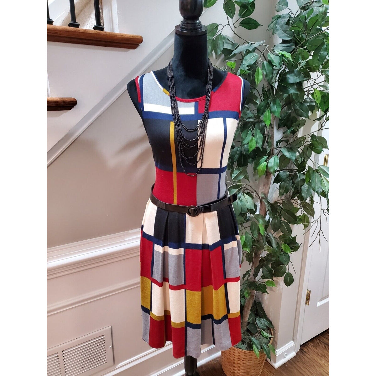 Women's Multicolor Polyester Round Neck Sleeveless Casual Knee Length Dress 10