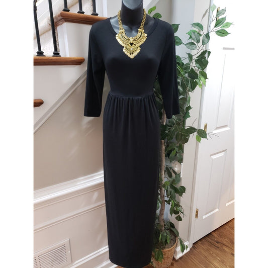 Womens Black Solid Polyester Round Neck 3/4 Sleeve Casual Long Maxi Dress Small