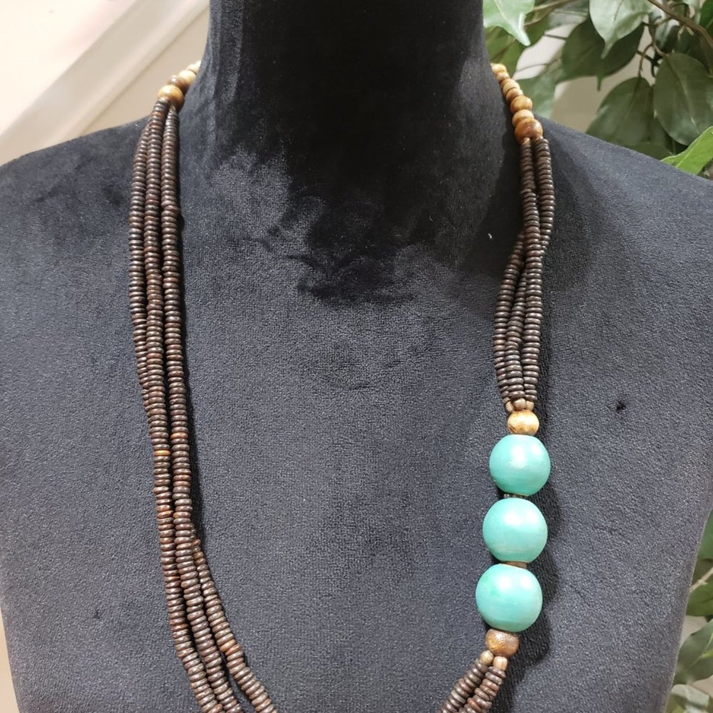 Women’s Beaded Strand Necklace Blue & Brown Large Wood Beads Statement
