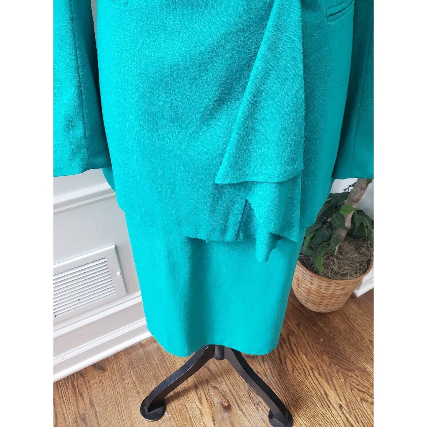 Vintage Style Aqua Solid Polyester Long Sleeve Jacket & Skirt 2 Piece Suit 10