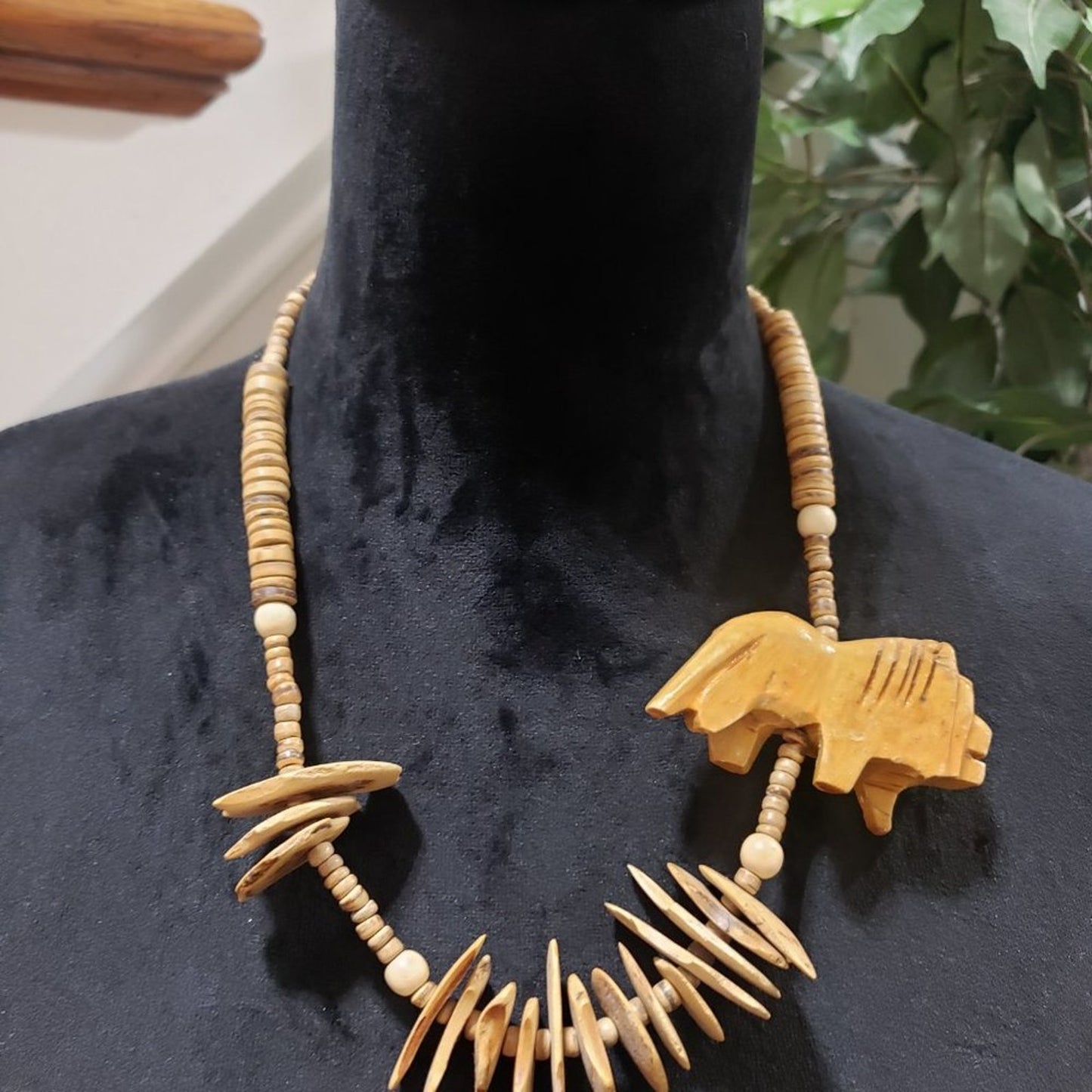 Primitive Beaded Stones Carved Bohemian Wood Lion African Safari Animal Necklace