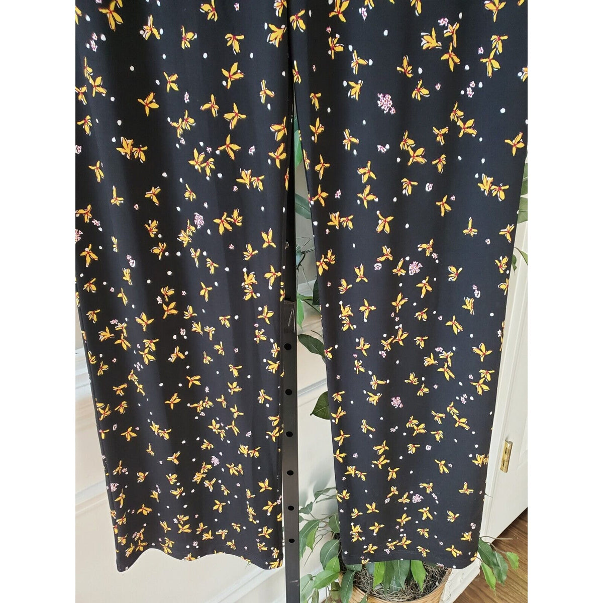 Grace Elements Womens Black Floral Polyester Casual Elastic Waist Pants Large