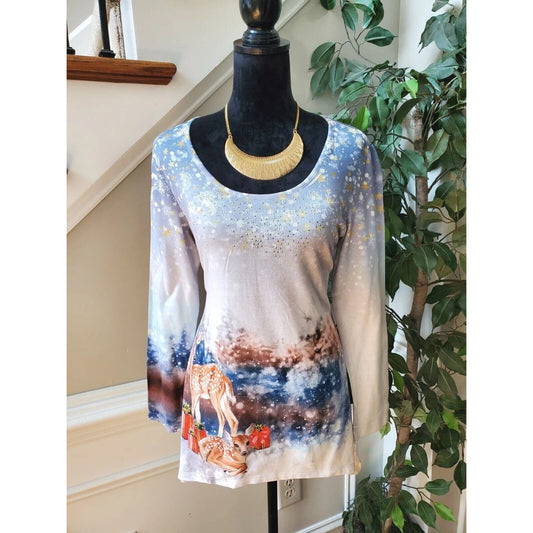 One World Reindeer Multicolor Polyester Round Neck Long Sleeve Top Blouse PM