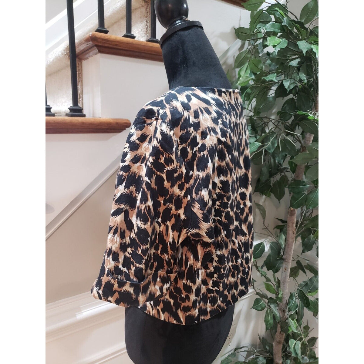 Courtenay Womens Brown Animal Print Half Sleeve Button Up Blazer Jacket Size 16