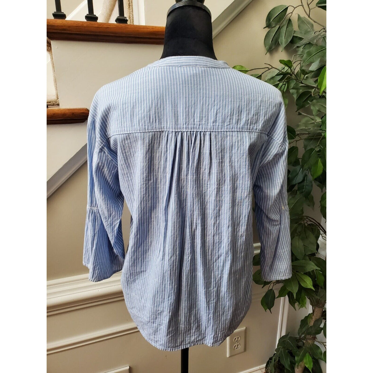 L.O.G.G Women's Blue Striped 100% Cotton V-Neck Long Sleeve Casual Top Blouse 2