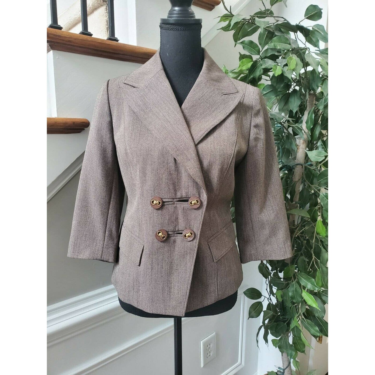 Josephine Womens Gray Polyester & Rayon Collared Button Long Sleeve Blazer