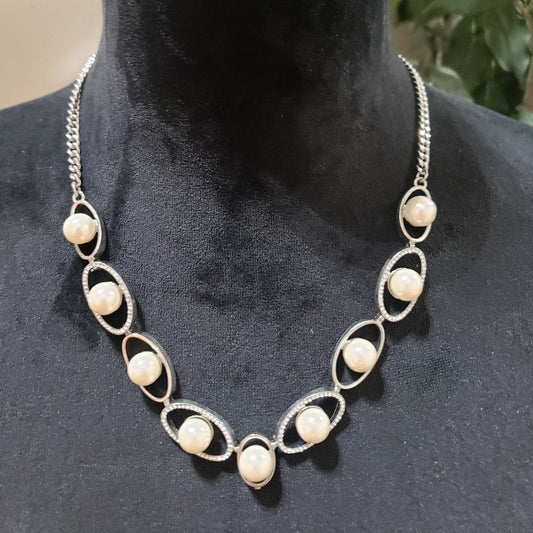Womens Faux Honora Silver Cultured Pearl & Oval Link Necklace  Lobster Clasp