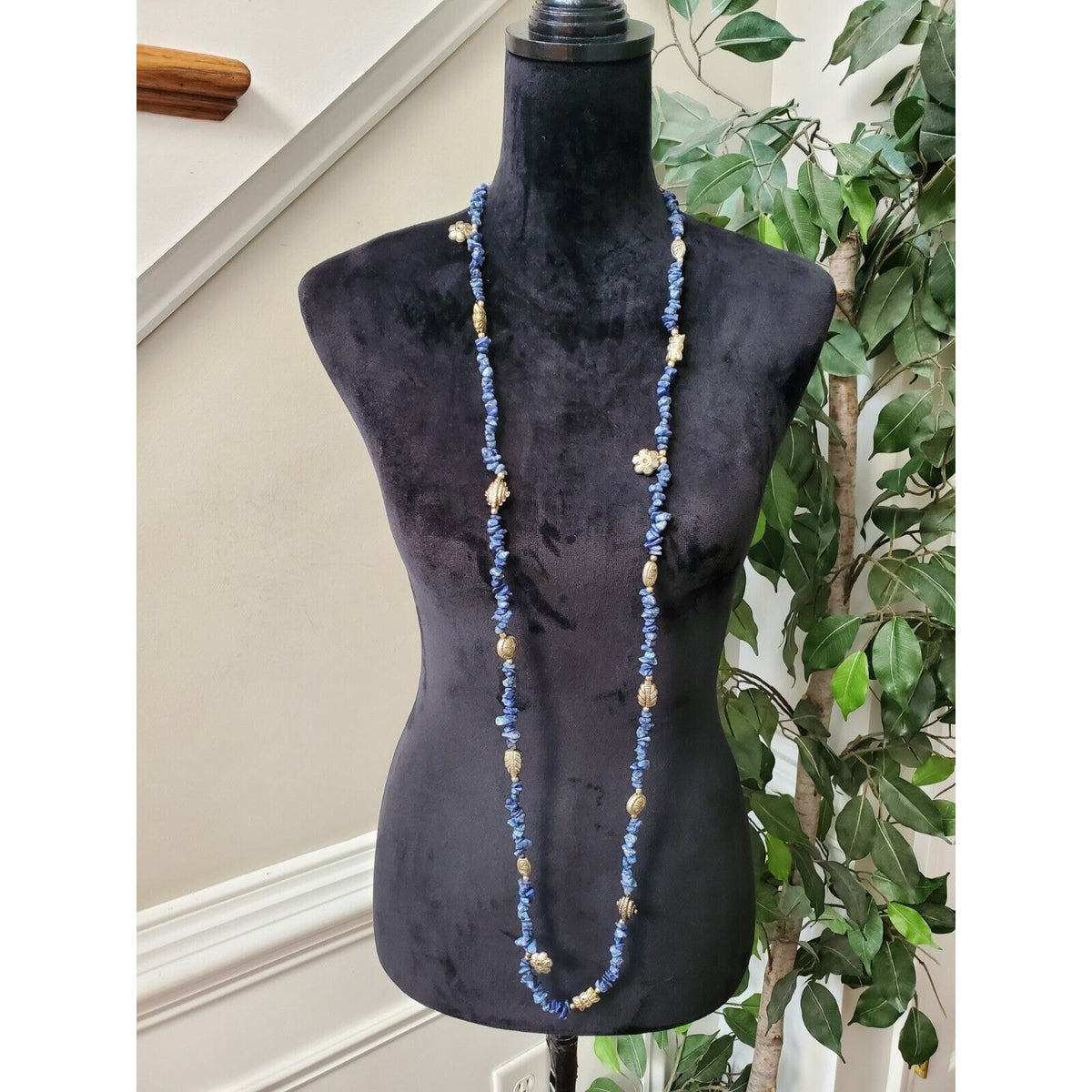 Women's Vintage Blue Stone Chips With Charms Long Fashion Jewelry Necklace