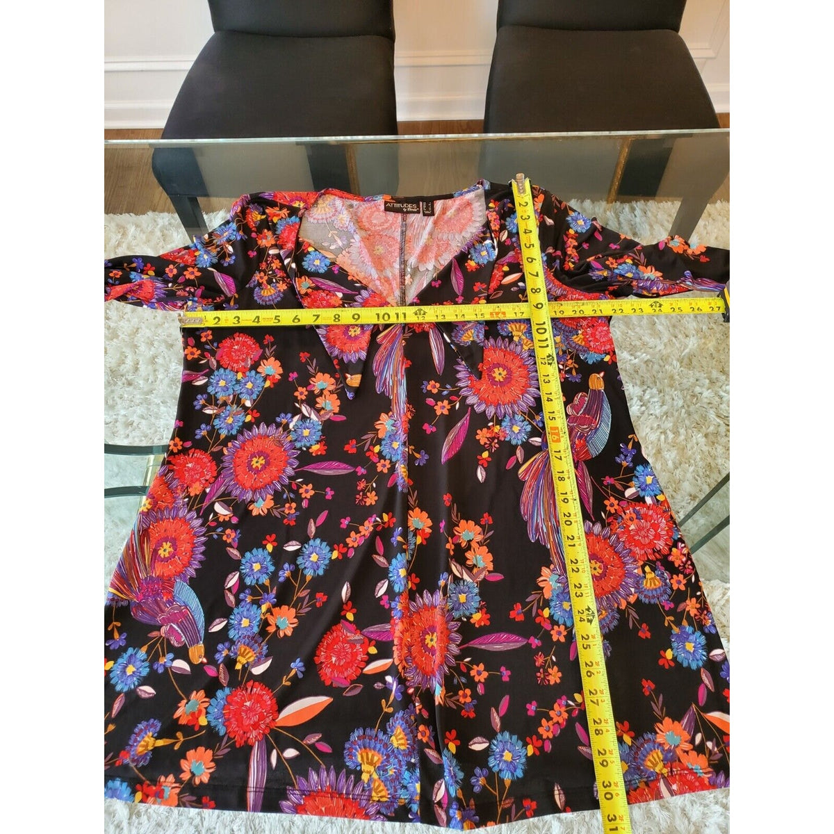 Attitudes Women Black Floral Polyester V-Neck Long Sleeve Top Blouse Size Large