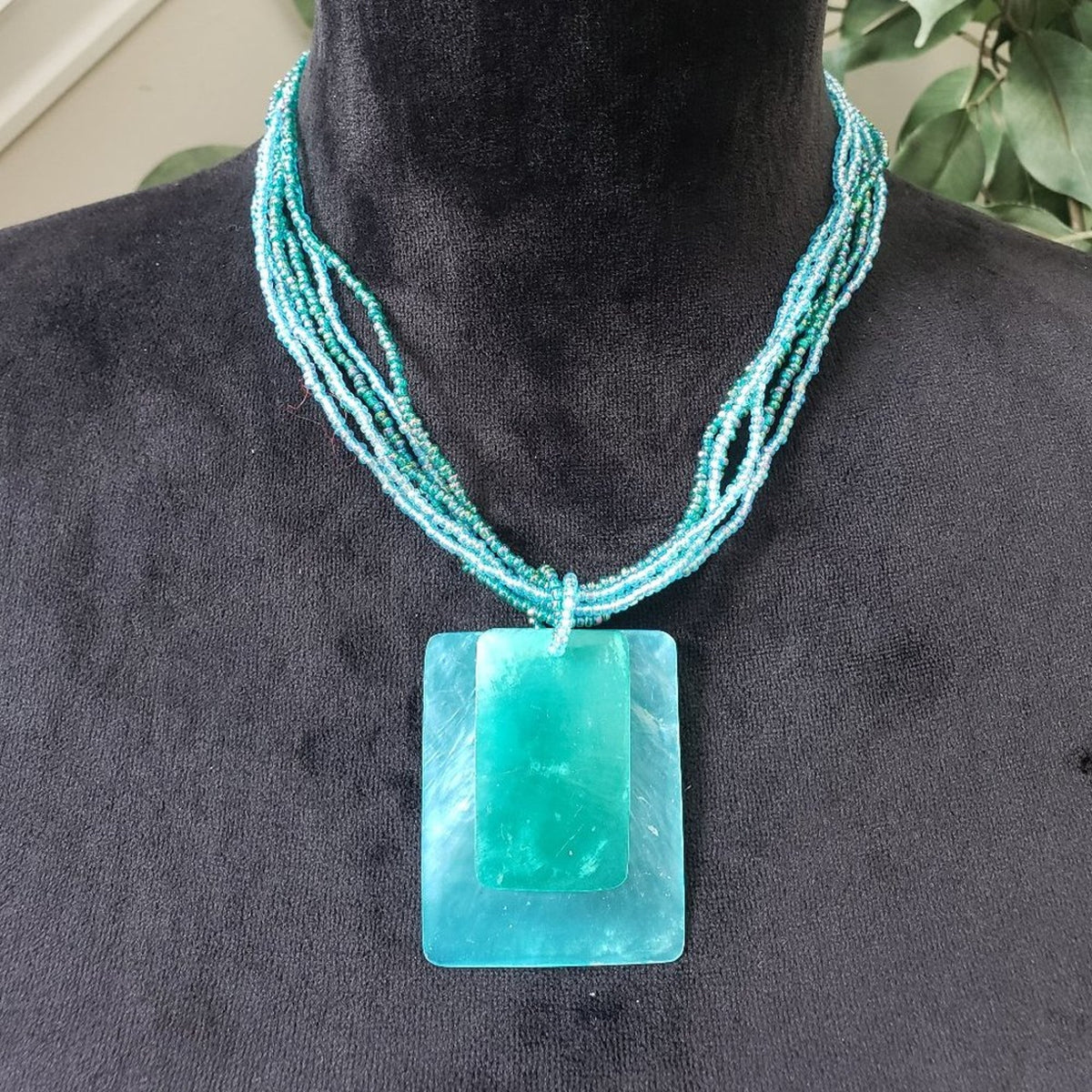 Womens Beaded Green Acrylic Rectangular Shape Pendant Necklace with Lobster