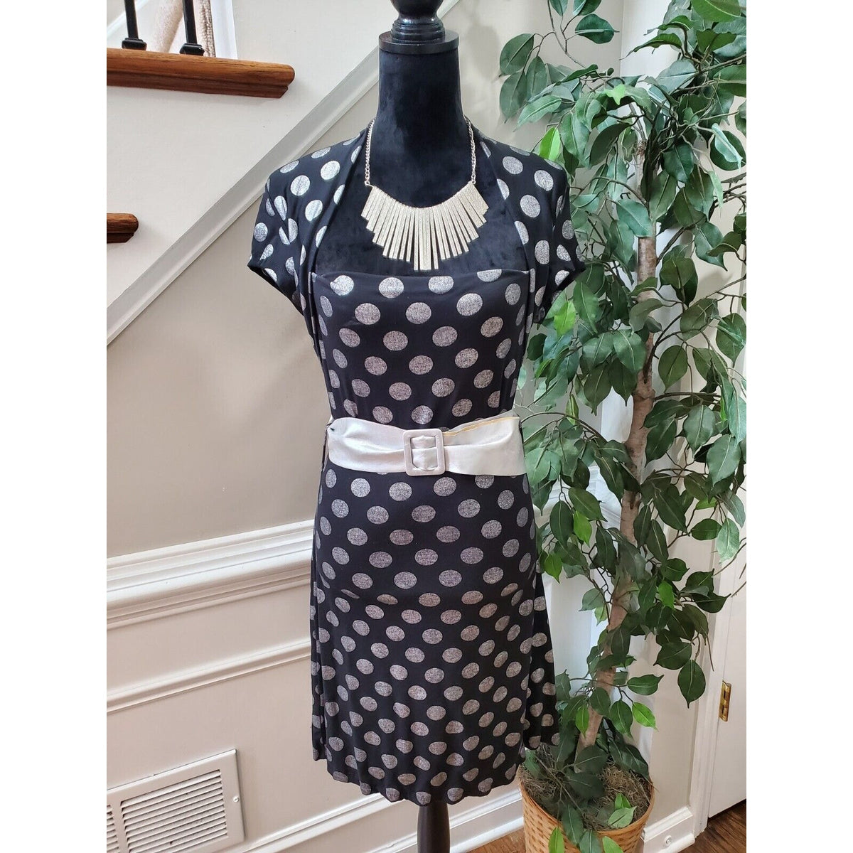 Voice Women Black Polyester Square Neck Short Sleeve Casual Knee Length Dress S