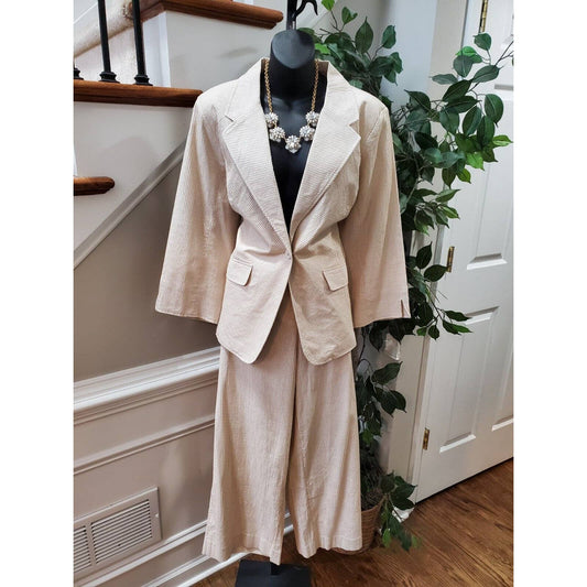 Susan Graver Women's Beige Cotton Single Breasted Jacket & Pant 2 Pc Suit Size L
