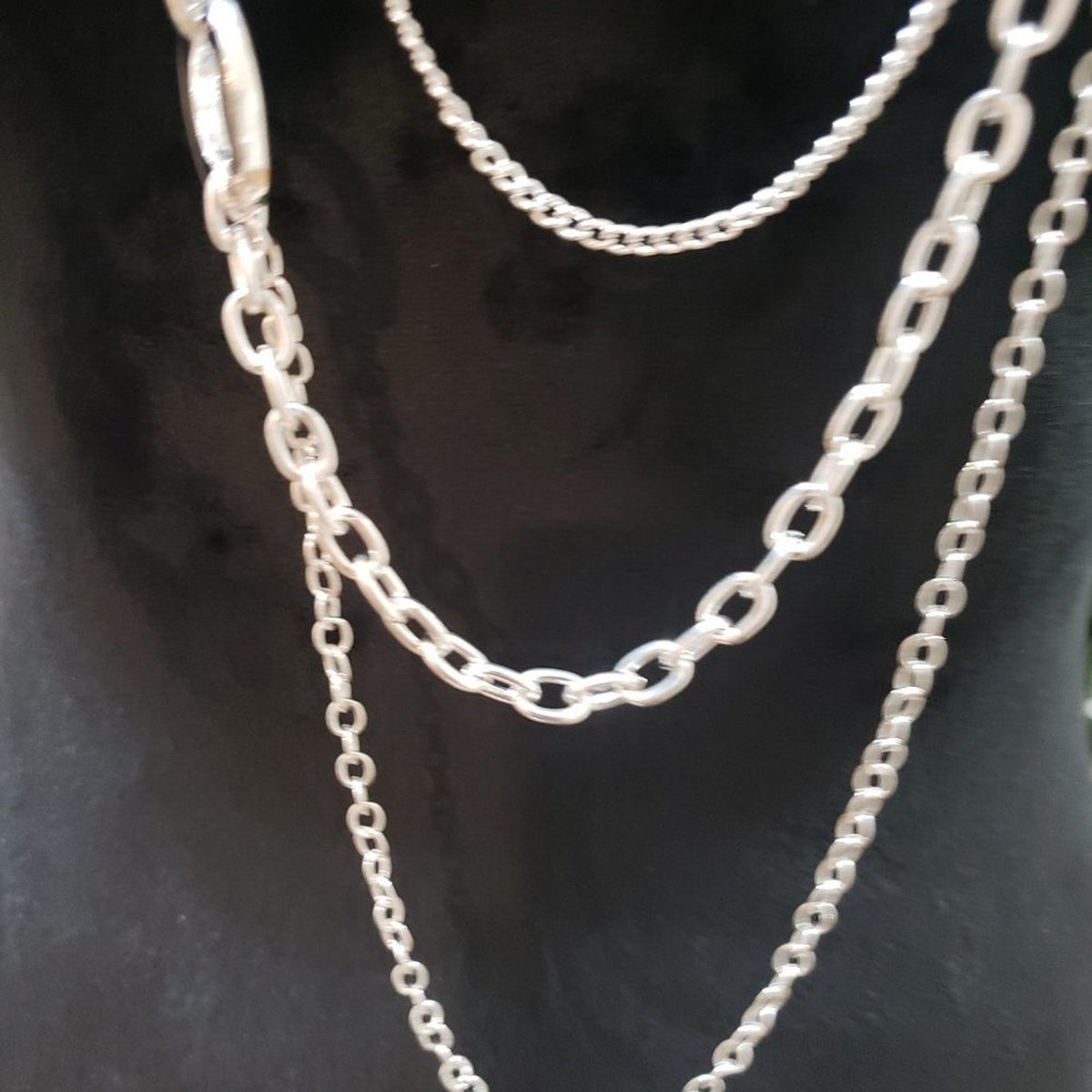 Women's Silver Tone Chain Multi-Strand Layered Necklace with Black Enamel Links