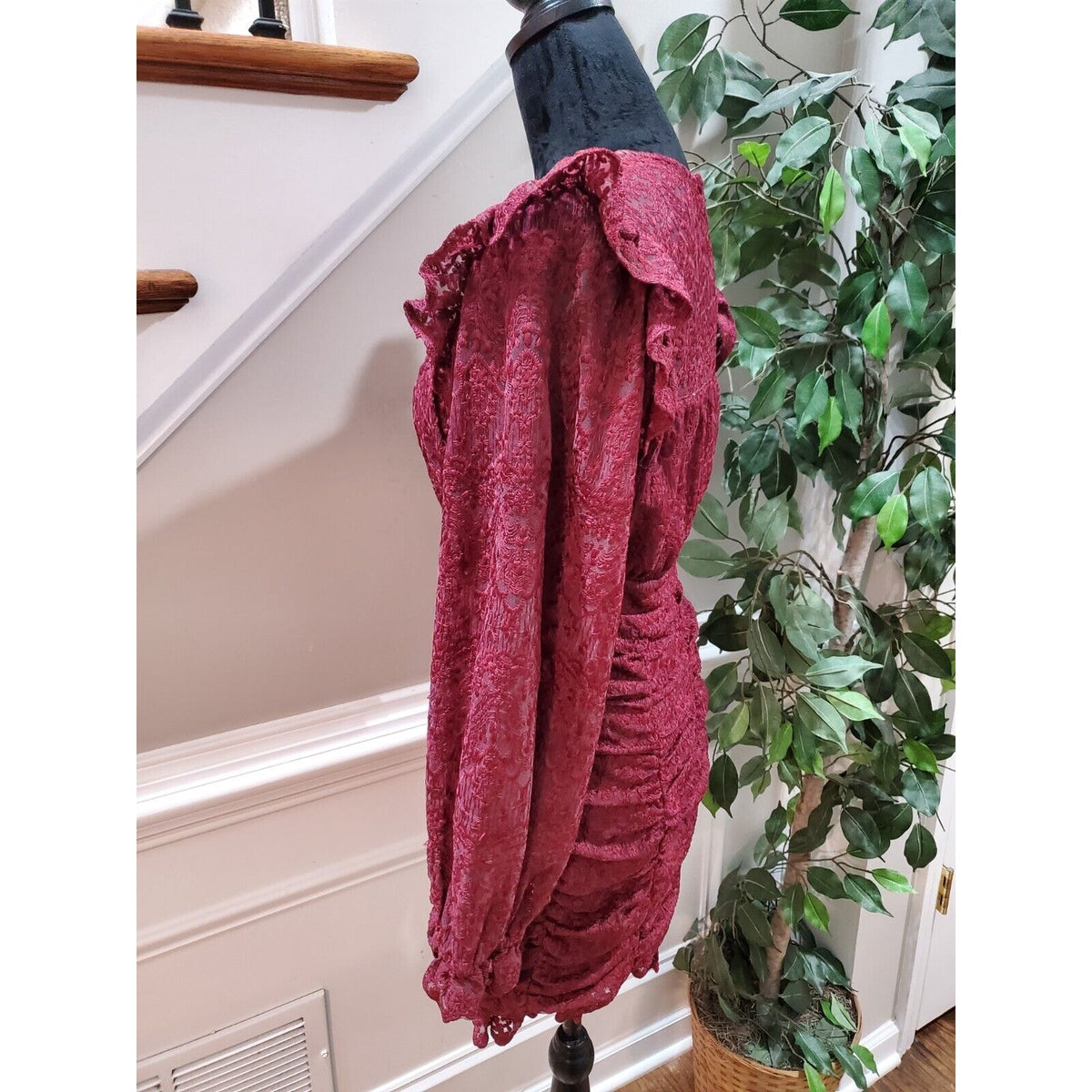 Just Me Women's Maroon polyester Round Neck Long Sleeve Knee Length Dress Size S