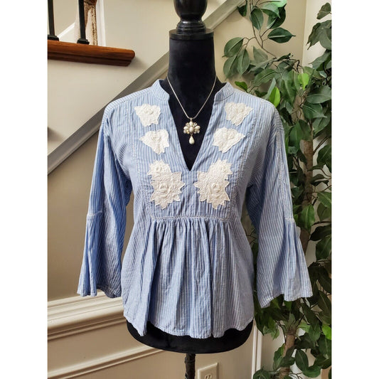 L.O.G.G Women's Blue Striped 100% Cotton V-Neck Long Sleeve Casual Top Blouse 2
