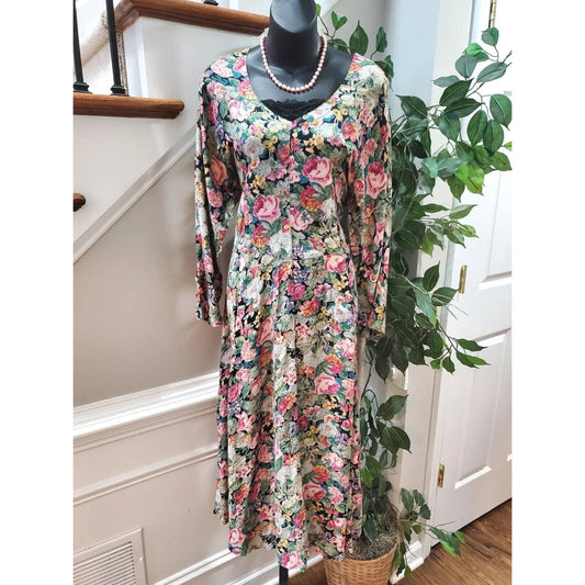 Vintage Starina Multicolor Floral Rayon Round Neck Long Sleeve Maxi Dress 10