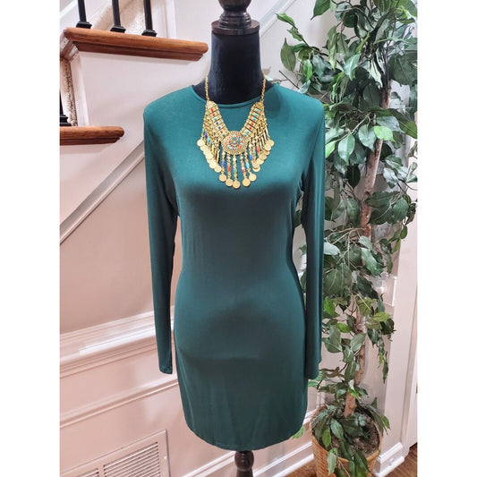 SHEIN Women's Green Solid Rayon Round Neck Long Sleeve Knee Length Dress Size L