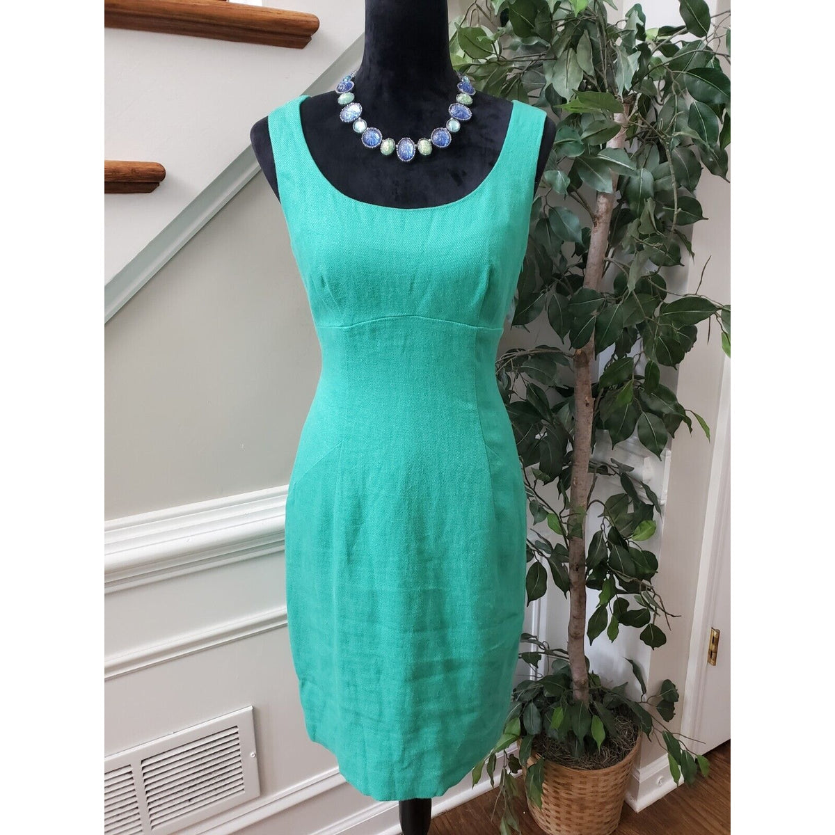 L.K Bennett Soft Jade Solid Linen Round Neck Sleeveless Knee Length Dress Size 6
