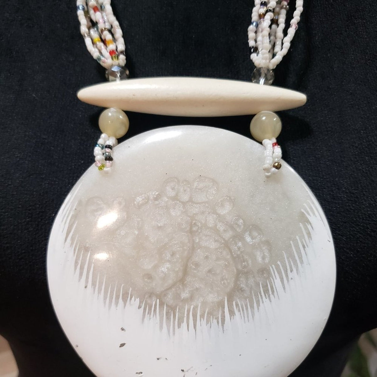 Womens Faux MOP Gong Asian Art Glass Enamel Multistrand Bead Pendant Necklace