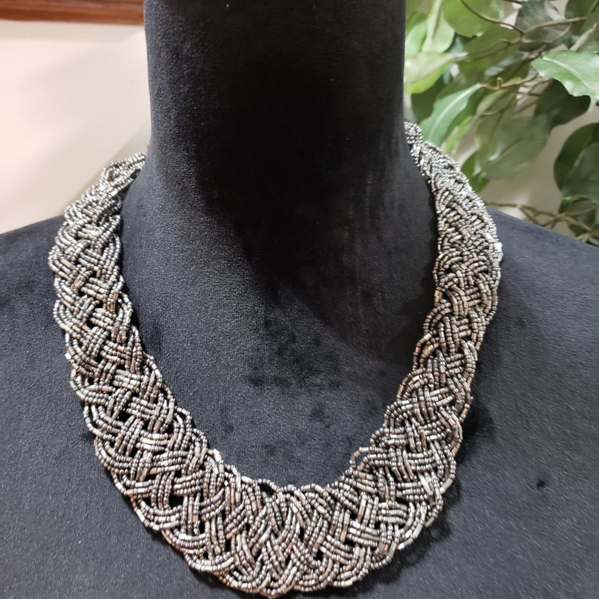 Women's Fashion Multi-Layer Silver Tone Chini Beads Braided Collar Necklace