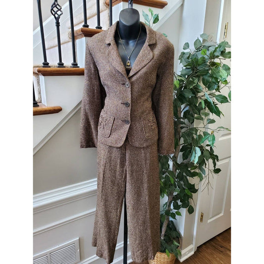 George Women's Brown Acrylic Long Sleeve Blazer & Pant 2 Pc's Suit Size 12