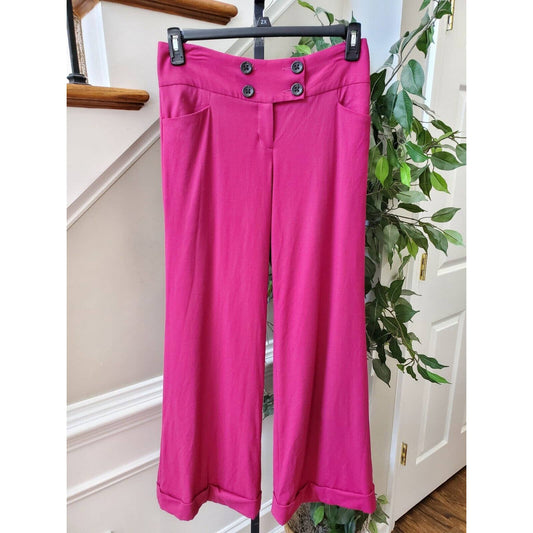 Women's Solid Pink Wool Blend Buttons Closure Wide Leg Cuffed Pants