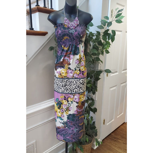 Womens Multicolor Floral Off The Shoulder Sleeveless Long Maxi Dress Size Medium